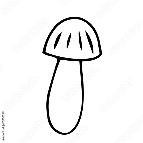 Mushroom, contour icon. Design of children's coloring pages. Vector black and white hand-drawn doodles. Template, sketch, clipart.