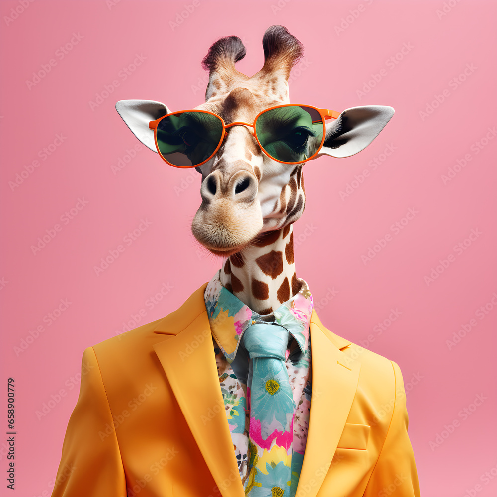The Cool giraffe wearing suit clothes and glasses, Modern background. Concept Fashionable animals. Generative Ai. - obrazy, fototapety, plakaty 