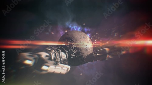 Battleship at war in cosmos. Spaceship attacks space station. Spacecraft explodes and going down. Battle in outer space. Space rockets in battle near dead planet in outer space. Cinematic gameplay photo