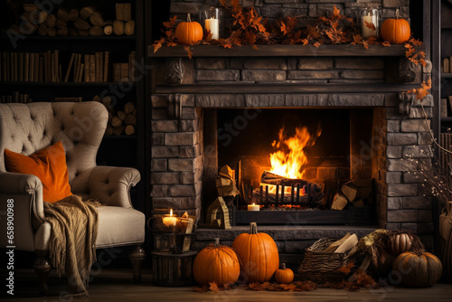 fall and Halloween decorated cozy fireplace