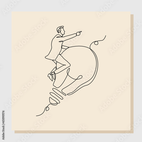 Continuous line drawing art of Businessman riding idea light bulb. Vector illustration single one line hand drawn of people success launching business startup achievement.
