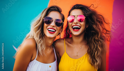 Joyful Friendship Two Girls Smiling Happily in Stylish Sunglasses