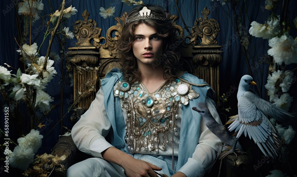 Photo of a man wearing a crown surrounded by vibrant flowers Photo of a man wearing a crown surrounded by vibrant flowers