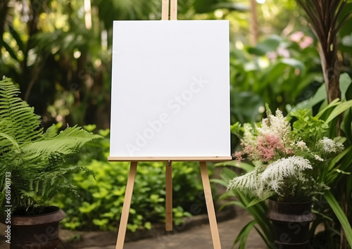 White blank easel with a garden background