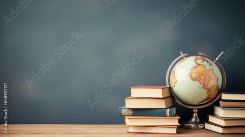 left copy space background with backpack placed on a desk with textbooks.