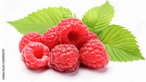 Ripe raspberries with green leaves isolated on white background.
