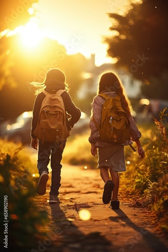 Kids wearing backpacks, back to school, golden hour subtle lens flare.