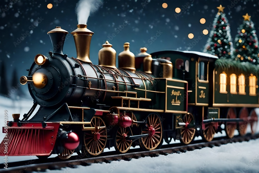 Fairy locomotive in the manner of a holiday postcard. Concept of a Merry Christmas and a Happy New Year