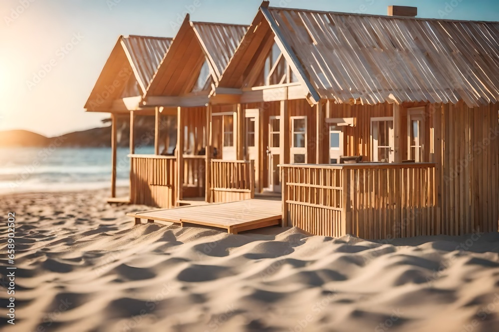 Holiday house on the beach. Wooden house with boards for wind serfing on a sand beach