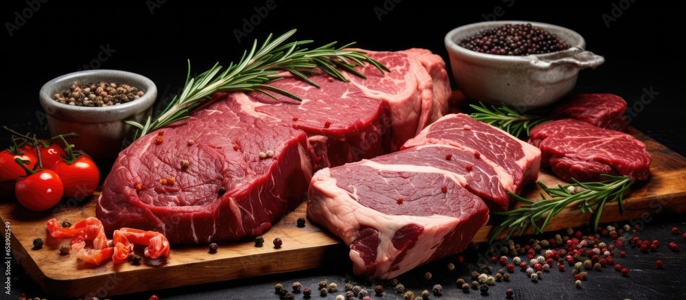 Raw Black Angus Prime meat steaks displayed with various cuts on a wooden board and seasoning With copyspace for text