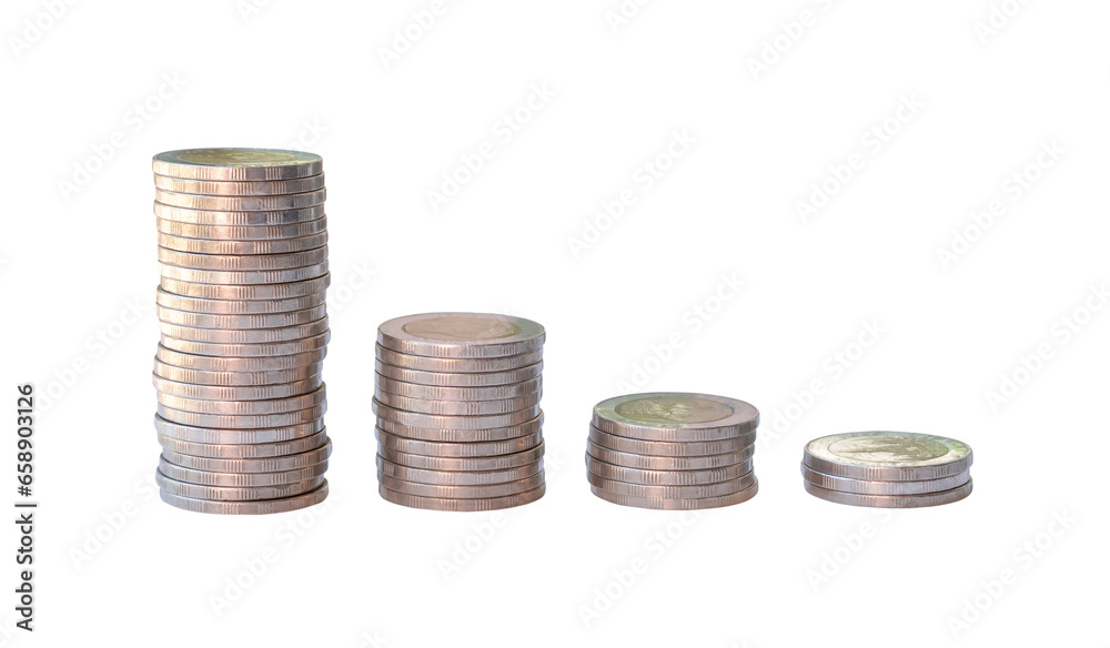 Silver coins in separated stacks isolated on white background with clipping path in png file format. Money growth concept in investment and saving money Silver coins in separated stacks isolated on white background with clipping path in png file format. Money growth concept in investment and saving money