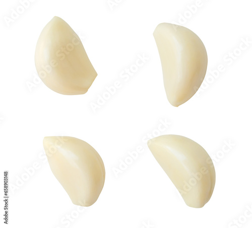 Top view set of fresh separated garlic cloves isolated on white background with clipping path. Close up photo