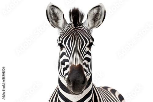 Close up of a zebra head isolated on a white background.