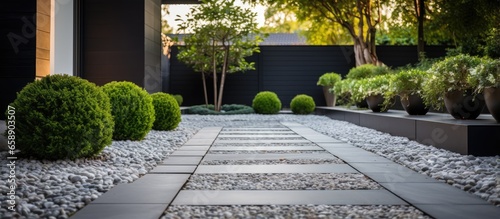 Contemporary pathway with cobblestone paving and miniature trees alongside providing access to private yard With copyspace for text
