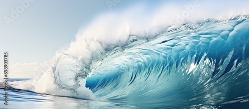 Massive blue wave crashes sprays and foams on water surface With copyspace for text © 2rogan