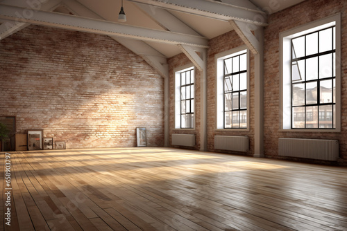 A Blank Canvas of Urbanity  Empty Room With Vast Window  Wooden Floor  and Brick Wall in a Modern  Loft-Style Interior Brought to Life with 3D Rendering
