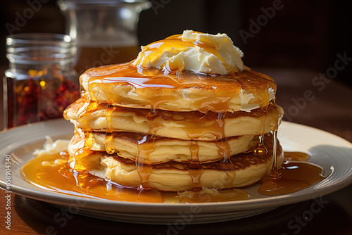 Tower of fluffy pancakes, white cream, honey, and maple syrup topped on bread with a pat of melting butter, delicious sweet crispy food with a sugar drizzle