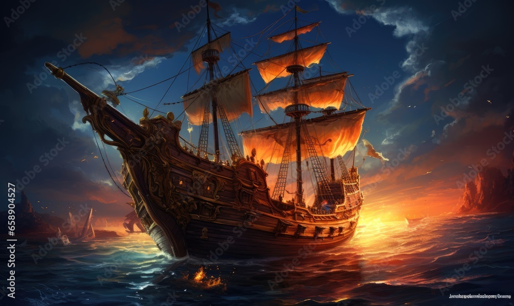 Obraz premium Photo of a majestic pirate ship sailing under the moonlight on a dark and mysterious ocean