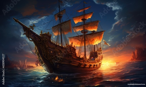 Photo of a majestic pirate ship sailing under the moonlight on a dark and mysterious ocean