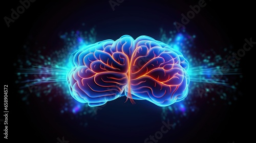 Abstract glowing blue brain with color lines