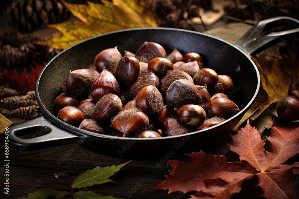 Roasted chestnuts in a pan on a wooden background Roasted chestnuts in a pan on a wooden background