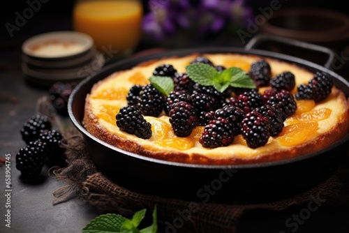 Freshly baked cheesecake with blackberries.
