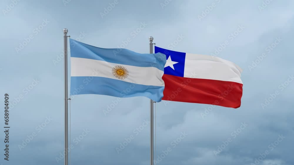 Chile flag and Argentina flag waving together on cloudy sky, endless seamless loop, two country relations concept Chile flag and Argentina flag waving together on cloudy sky, endless seamless loop, two country relations concept