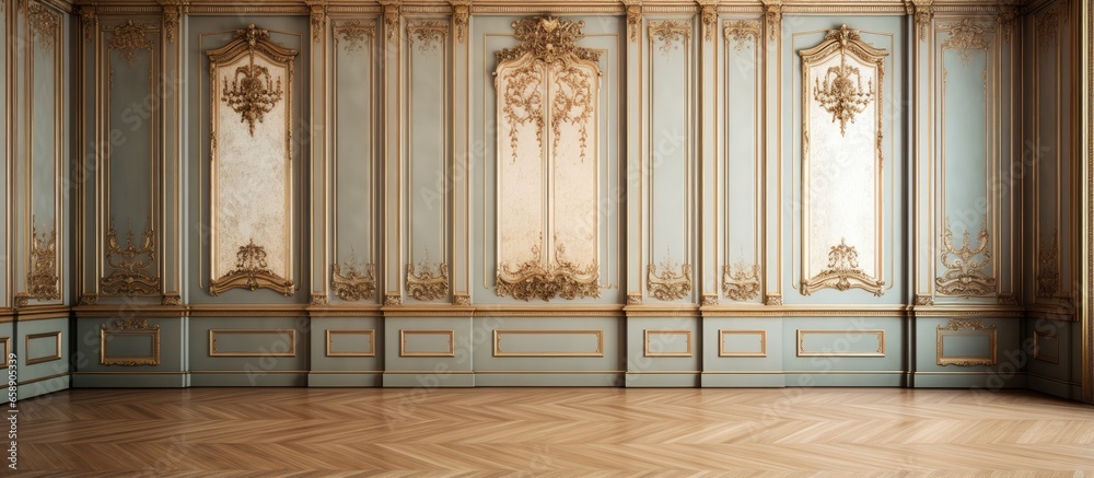 Antique European manor with wood paneling parquet floor and windows on each side With copyspace for text