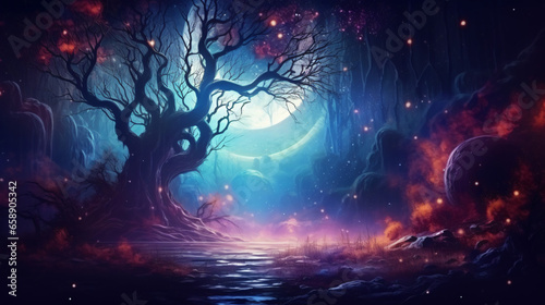 Autumn magical forest background with gigantic moon