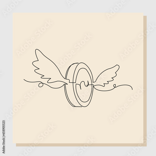 Continuous line sketch hand drawn drawing art of money coin flying with wings. Vector illustration single one line of loss dollar banknote money