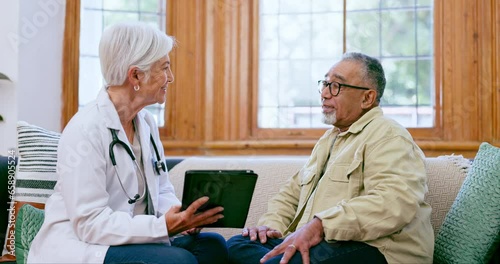 Doctor, patient and tablet in elderly care for health advice, results or retirement on sofa at home. Medical surgeon or nurse consulting senior man with technology for research, diagnosis or plan