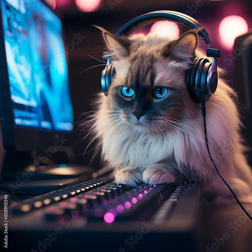 funny ragdoll cat gamer wearing headphones, playing computer game in cinematic lighting