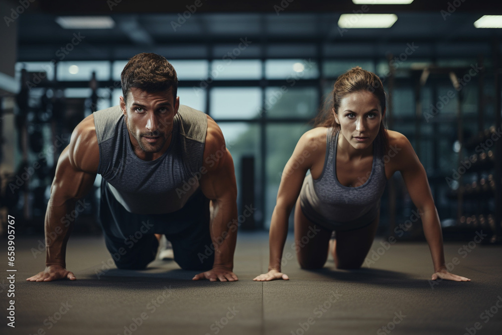 sport couple doing plank exercise workout