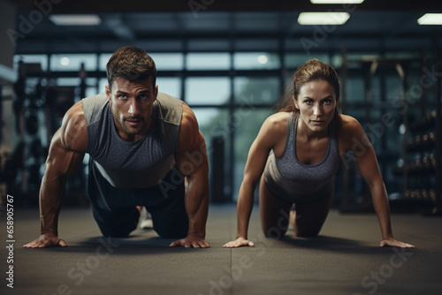 sport couple doing plank exercise workout photo