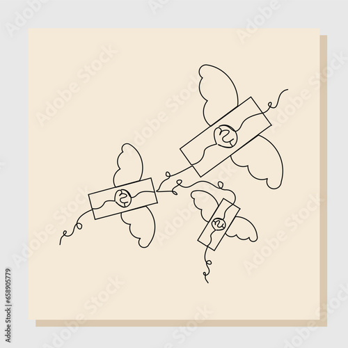 Continuous line sketch hand drawn drawing art of money paper flying with wings. Vector illustration single one line of loss dollar banknote money