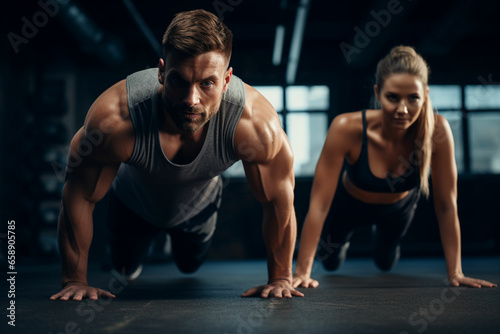 sport couple doing plank exercise workout