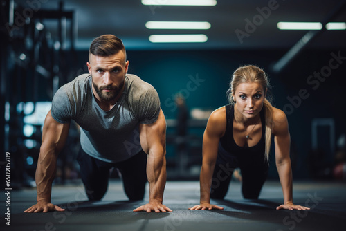 sport couple doing plank exercise workout