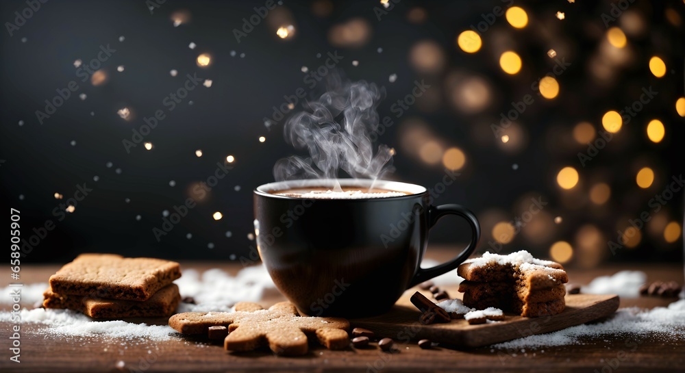 Closeup of black coffee mug, coffee steam, snow falling, food and beverages background, banner with copy space text