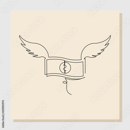 Continuous line sketch hand drawn drawing art of money paper flying with wings. Vector illustration single one line of loss dollar banknote money