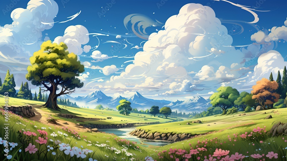cartoon grass garden. Spring green lawn, blue air with clouds and rainbow, bright sun, outdoor environment, rural park or field