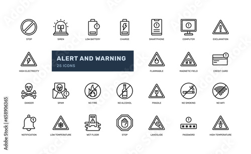 Alert and warning signal caution danger detailed outline line icon set