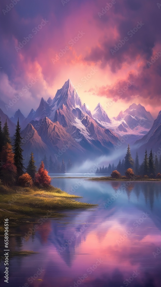 mountains in the pink sky