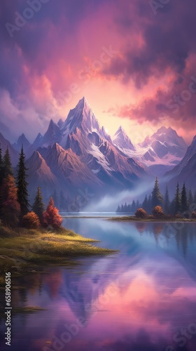 mountains in the pink sky