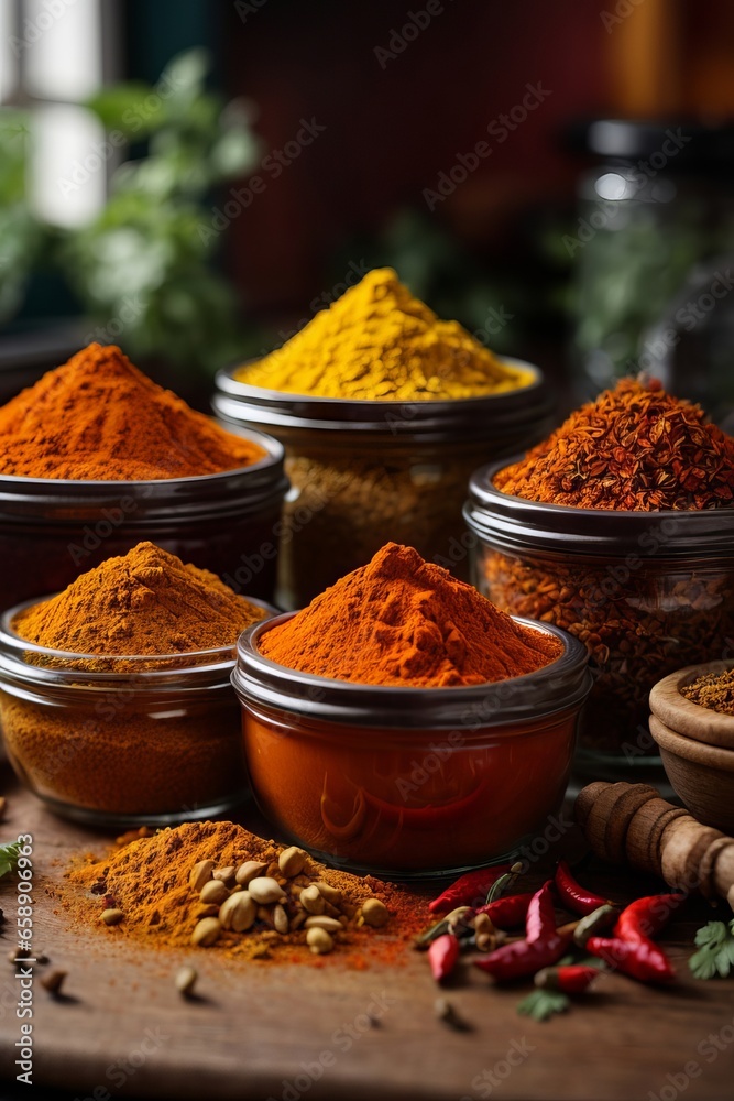 Various aromatic colorful spices bowls. on the kitchen table, ingredients for cooking dishes