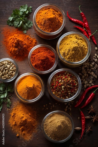 Top view of multicolored spices bowls, cloves, red pepper, seeds on a brown wooden background, closeup. Kitchen, restaurant, market, food, taste concepts