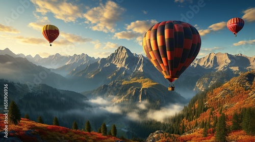 Colorful hot air balloons flying over mountain