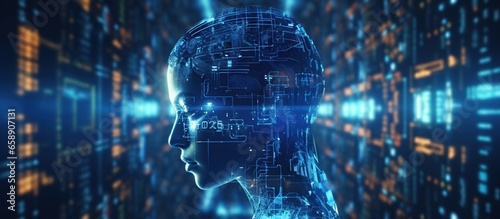 The head of the machine is wired to a super computer. Cyborg with artificial intelligence, 