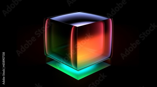 Colorful 3D futuristic glass ball set against a black background.