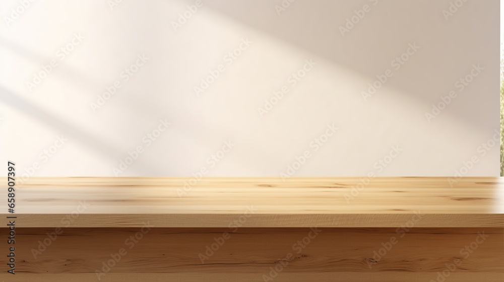Empty minimal natural wooden table counter podium, beautiful wood grain in sunlight