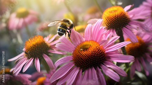 Bumblebees and Echinacea flowers close up